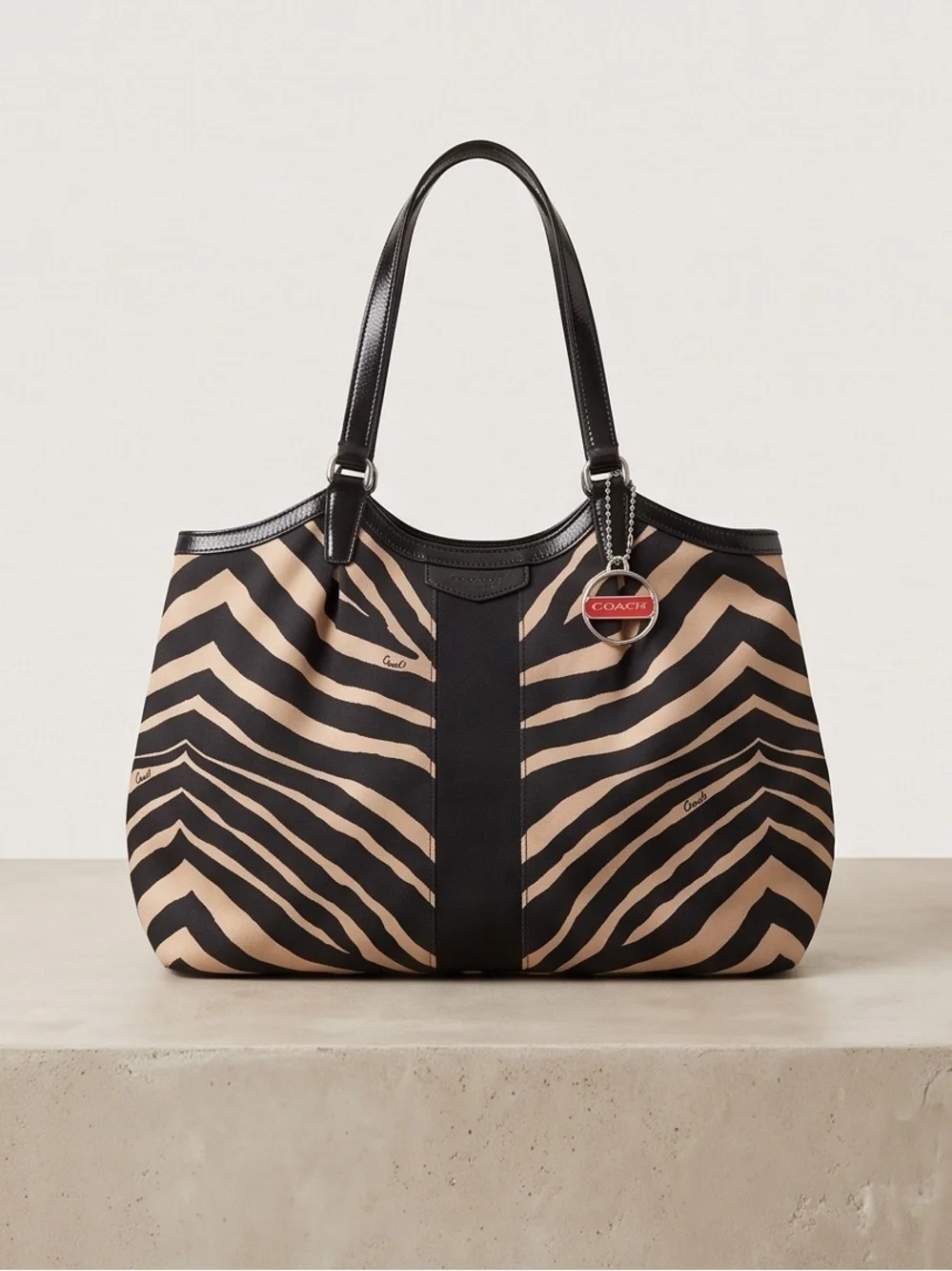 Coach Black and Cream Zebra-Print Devin Patent Leather Shoulder Tote